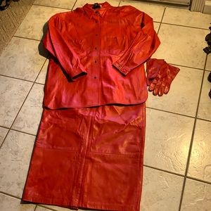 Vintage Red Leather jacket/skirt & gloves